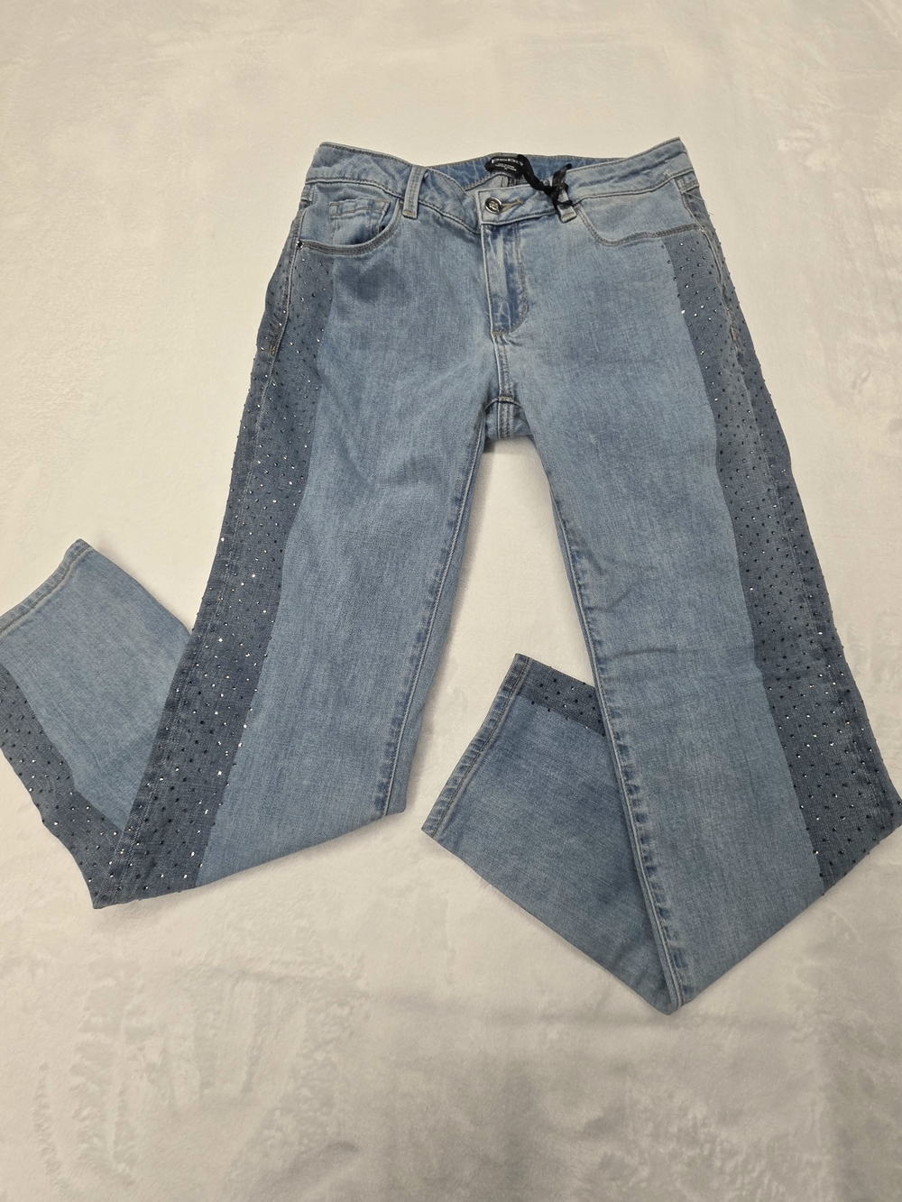 Bebe Light Blue Girlfriend Jeans with Side Rhinestone Panels